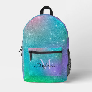 Cute modern unicorn blue faux glitter monogram printed backpack