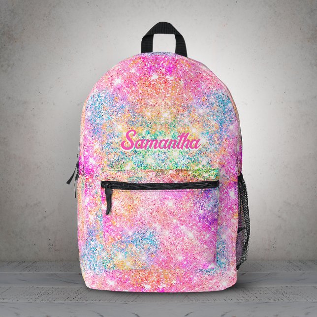 Cute modern unicorn hot pink faux glitter monogram printed backpack (Creator Uploaded)