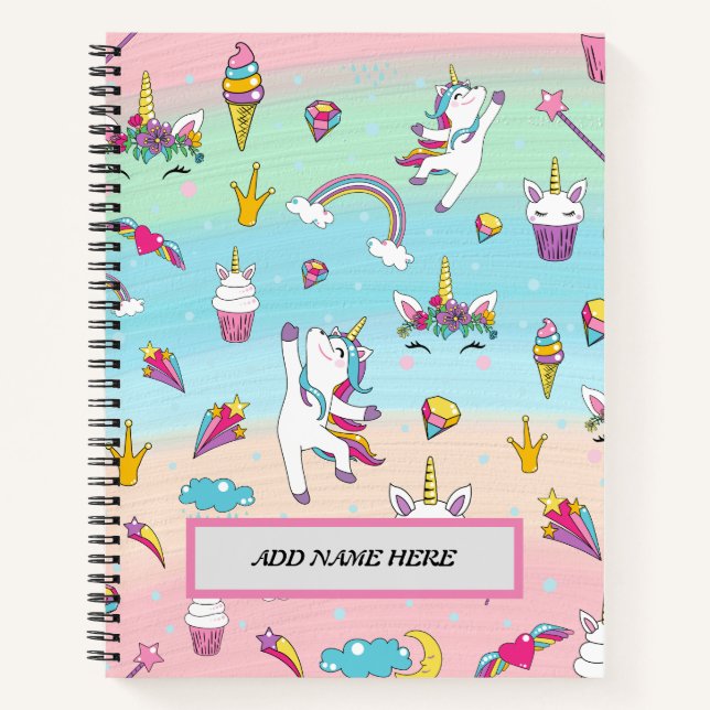 Cute Modern Unicorn Pattern Customisable Name  Notebook (Front)