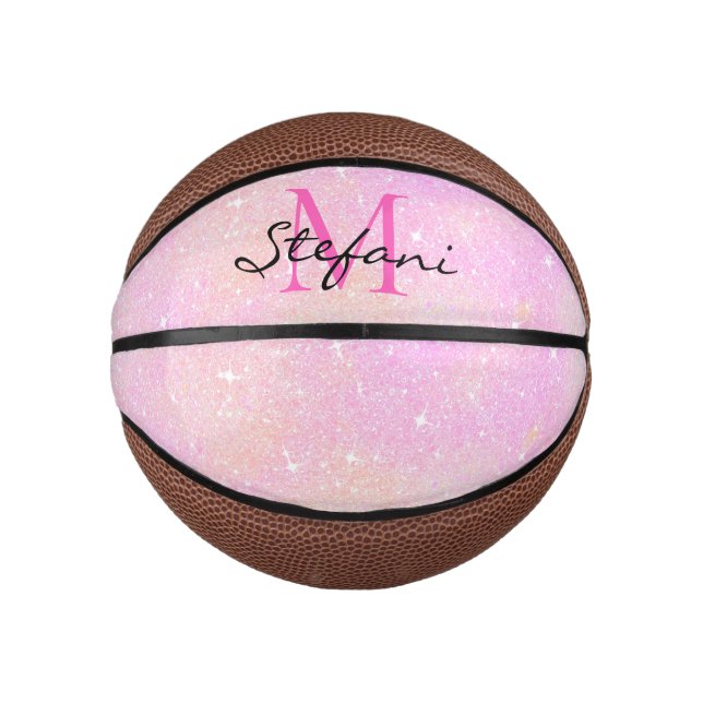 Cute Modern Unicorn Pink Faux Glitter monogram Mini Basketball (Front)