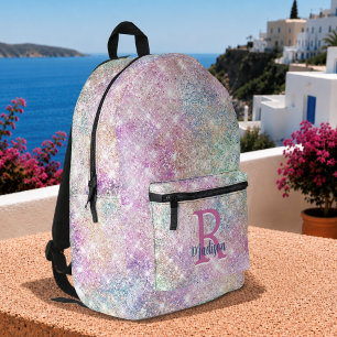 Cute modern unicorn pink faux glitter monogram printed backpack