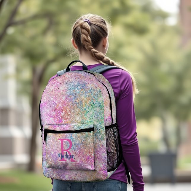 Cute modern unicorn pink faux glitter monogram printed backpack (Creator Uploaded)