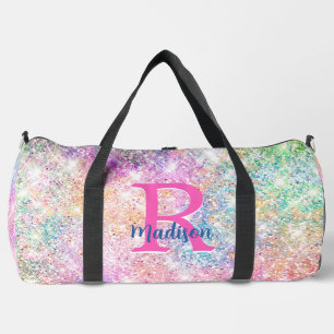 Cute modern unicorn pink faux glitter monogram sli duffle bag