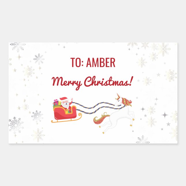 Cute Modern Unicorn Santa Personalised Name Xmas Rectangular Sticker (Front)