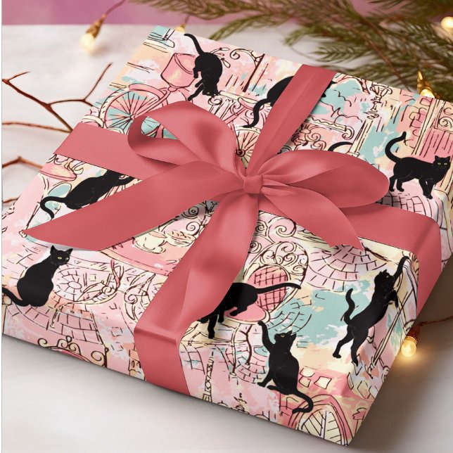 Cute Modern Watercolor Cafe Cat Pattern Wrapping Paper (Creator Uploaded)
