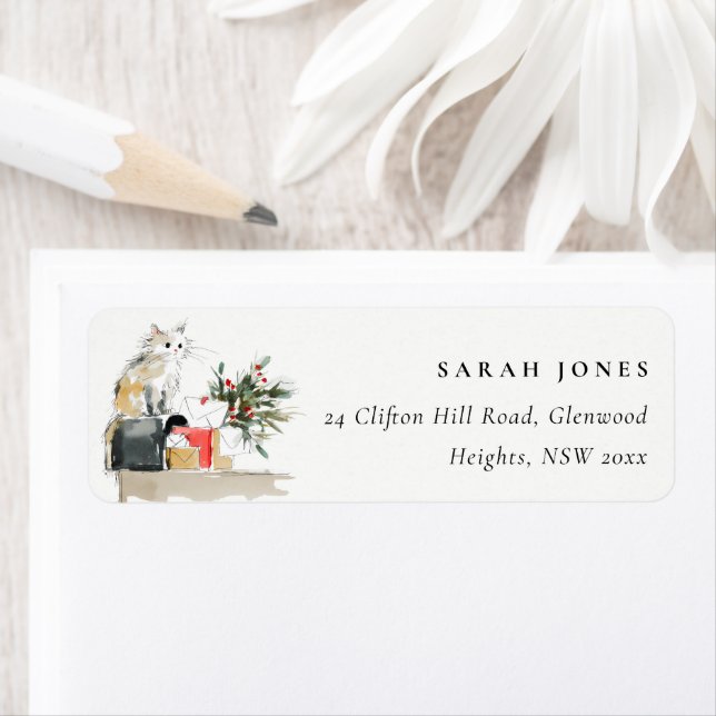 Cute Modern Watercolor Christmas Gift Cat Address (Insitu)