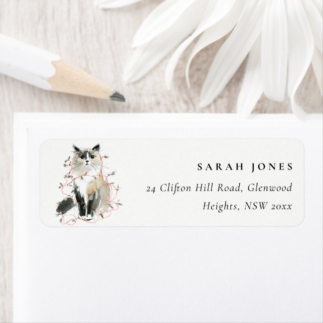 Cute Modern Watercolor Christmas Light Cat Address (Insitu)
