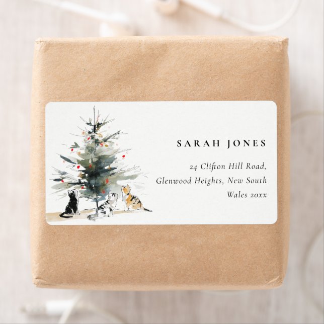 Cute Modern Watercolor Christmas Tree Cats Address (Insitu)