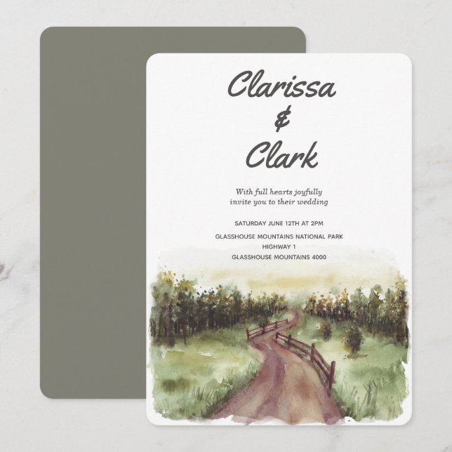 Cute Modern Watercolor Country Landscape Wedding I Invitation (Front/Back)