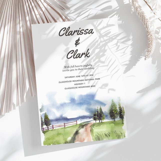 Cute Modern Watercolor Country Landscape Wedding Invitation (Creator Uploaded)