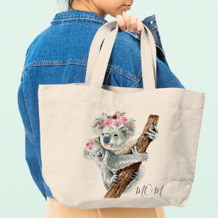 Cute Modern Watercolor Floral Koala Personalised Large Tote Bag