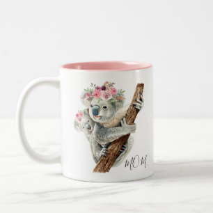 Cute Modern Watercolor Floral Koala Personalised Two-Tone Coffee Mug