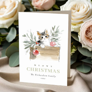 Cute Modern Watercolor Meowy Christmas Box Cat Holiday Card