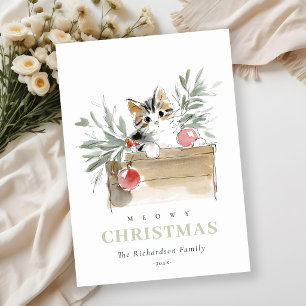 Cute Modern Watercolor Meowy Christmas Box Cat Holiday Card