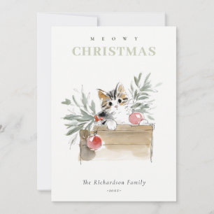 Cute Modern Watercolor Meowy Christmas Box Cat Holiday Card