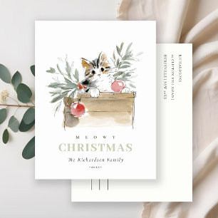 Cute Modern Watercolor Meowy Christmas Box Cat Holiday Postcard