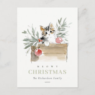Cute Modern Watercolor Meowy Christmas Box Cat Holiday Postcard
