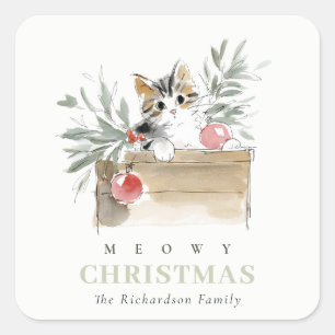 Cute Modern Watercolor Meowy Christmas Box Cat Square Sticker