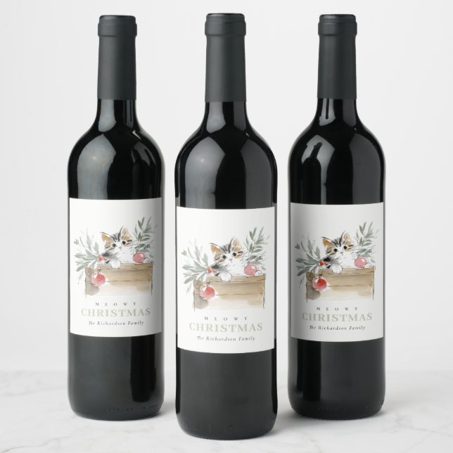Cute Modern Watercolor Meowy Christmas Box Cat Wine Label (Bottles)