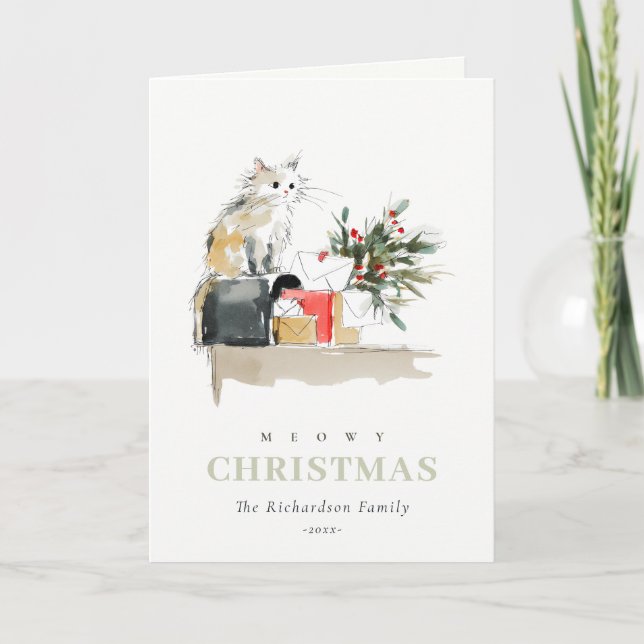 Cute Modern Watercolor Meowy Christmas Gift Cat Holiday Card (Front)