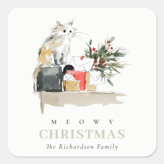 Cute Modern Watercolor Meowy Christmas Gift Cat Square Sticker (Front)