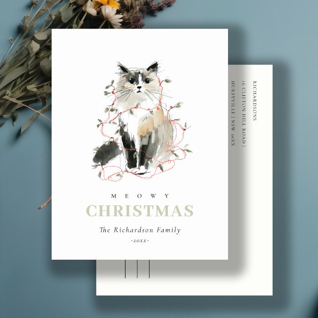 Cute Modern Watercolor Meowy Christmas Lights Cat Holiday Postcard (Creator Uploaded)