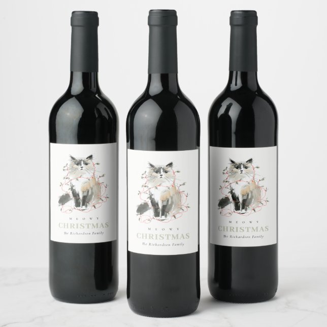 Cute Modern Watercolor Meowy Christmas Lights Cat Wine Label (Bottles)