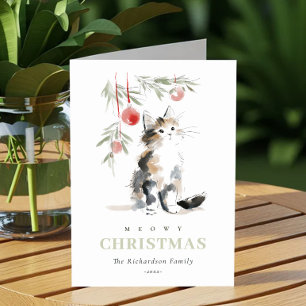 Cute Modern Watercolor Meowy Christmas Tree Cat Holiday Card
