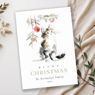 Cute Modern Watercolor Meowy Christmas Tree Cat Holiday Card