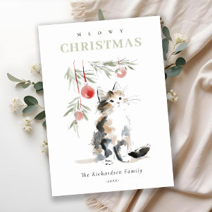 Cute Modern Watercolor Meowy Christmas Tree Cat Holiday Card