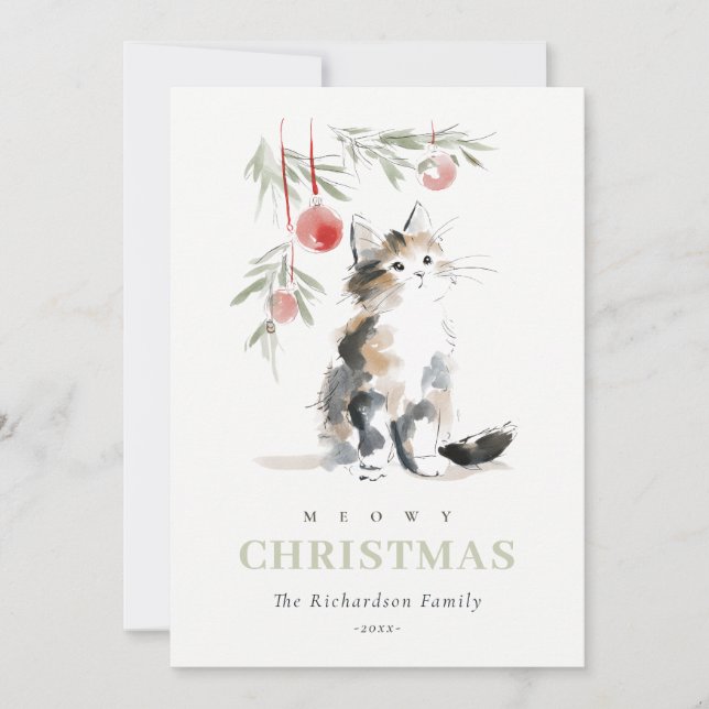 Cute Modern Watercolor Meowy Christmas Tree Cat Holiday Card (Front)