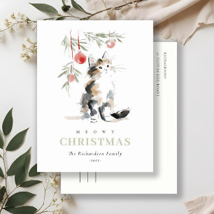 Cute Modern Watercolor Meowy Christmas Tree Cat Holiday Postcard