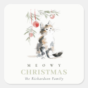 Cute Modern Watercolor Meowy Christmas Tree Cat Square Sticker