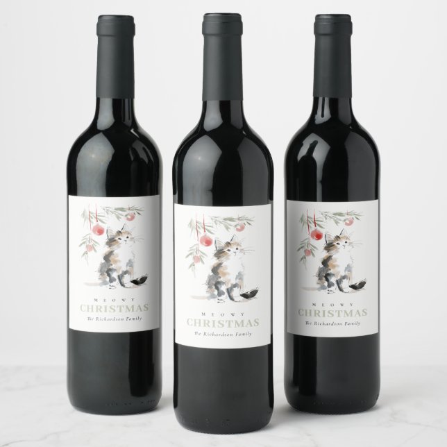 Cute Modern Watercolor Meowy Christmas Tree Cat Wine Label (Bottles)