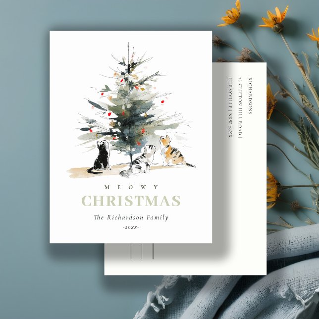 Cute Modern Watercolor Meowy Christmas Tree Cats  Holiday Postcard (Creator Uploaded)
