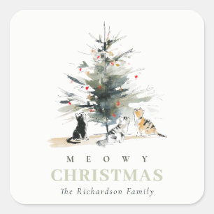 Cute Modern Watercolor Meowy Christmas Tree Cats Square Sticker