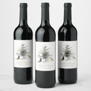 Cute Modern Watercolor Meowy Christmas Tree Cats Wine Label