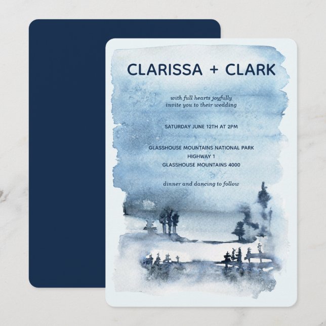 Cute Modern Watercolor Mountain Landscape Wedding  Invitation (Front/Back)