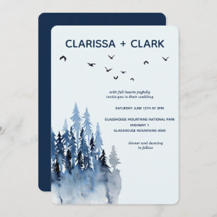 Cute Modern Watercolor Mountain Landscape Wedding Invitation