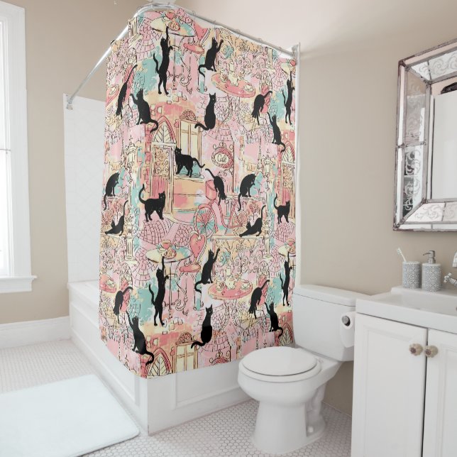 Cute Modern Watercolor Paris Cafe Cat Pattern Shower Curtain (In Situ)