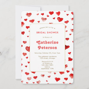 Cute Modern Watercolor Red Hearts Bridal Shower Invitation
