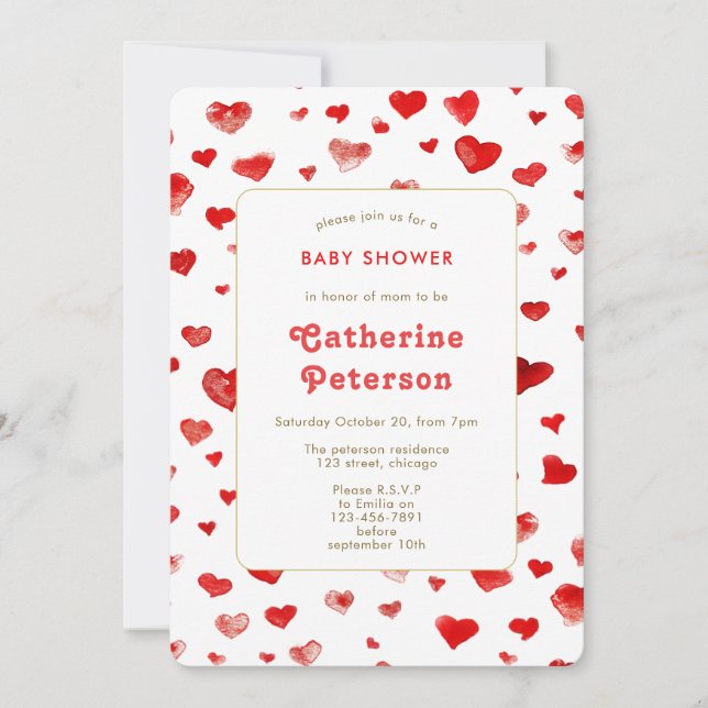 Cute Modern Watercolor Red Hearts Invitation (Front)