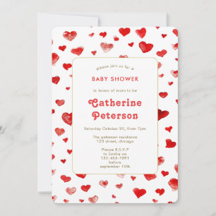 Cute Modern Watercolor Red Hearts Invitation