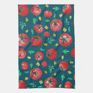 Cute Modern Watercolor Tomatoes Pattern on Green Tea Towel