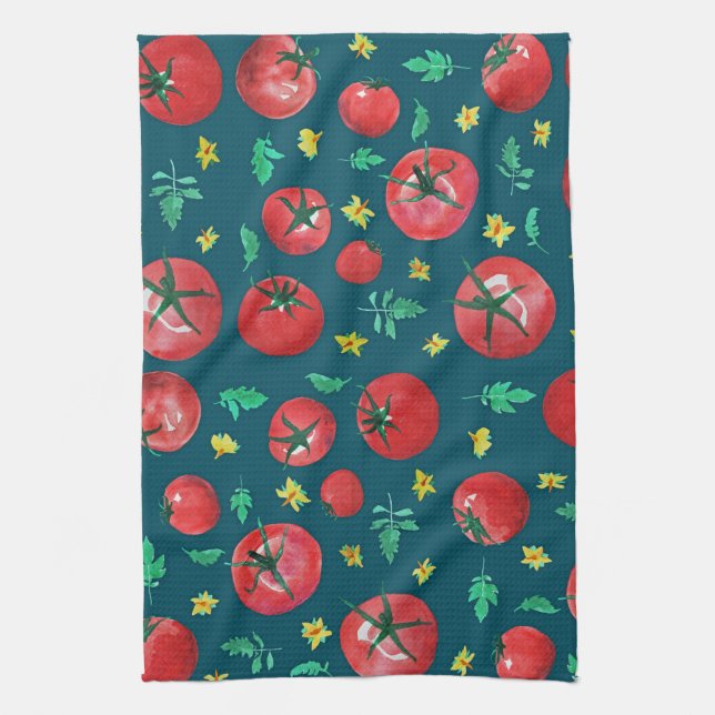 Cute Modern Watercolor Tomatoes Pattern on Green Tea Towel (Vertical)