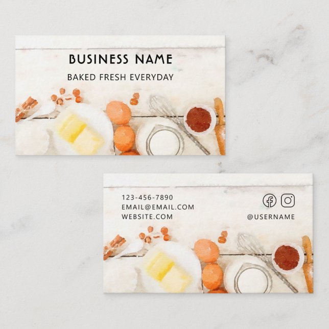Cute & Modern White Watercolor Bakery Business Card (Front/Back)