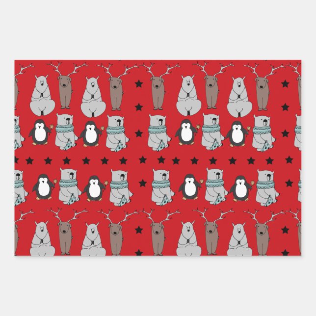 Cute Modern Winter Reindeer Bear Christmas Gift Wrapping Paper Sheet (Front)