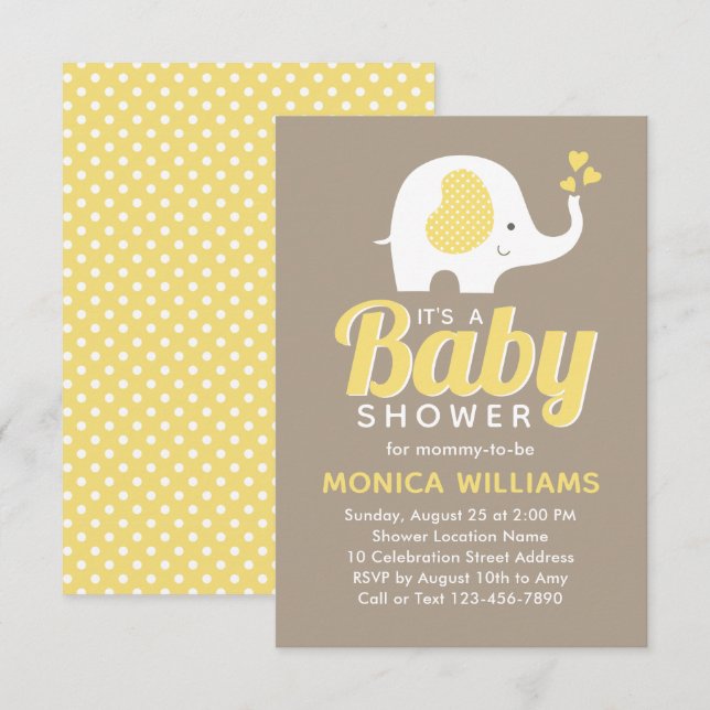 Cute Modern Yellow Beige Elephant Baby Shower Invitation (Front/Back)