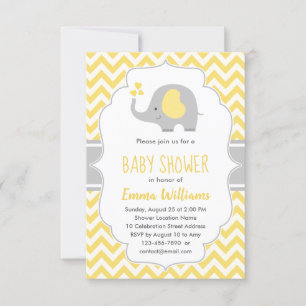 Cute Modern Yellow Grey Elephant Baby Shower Invitation