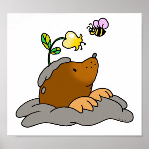 cute mole cartoon with a flower bee poster